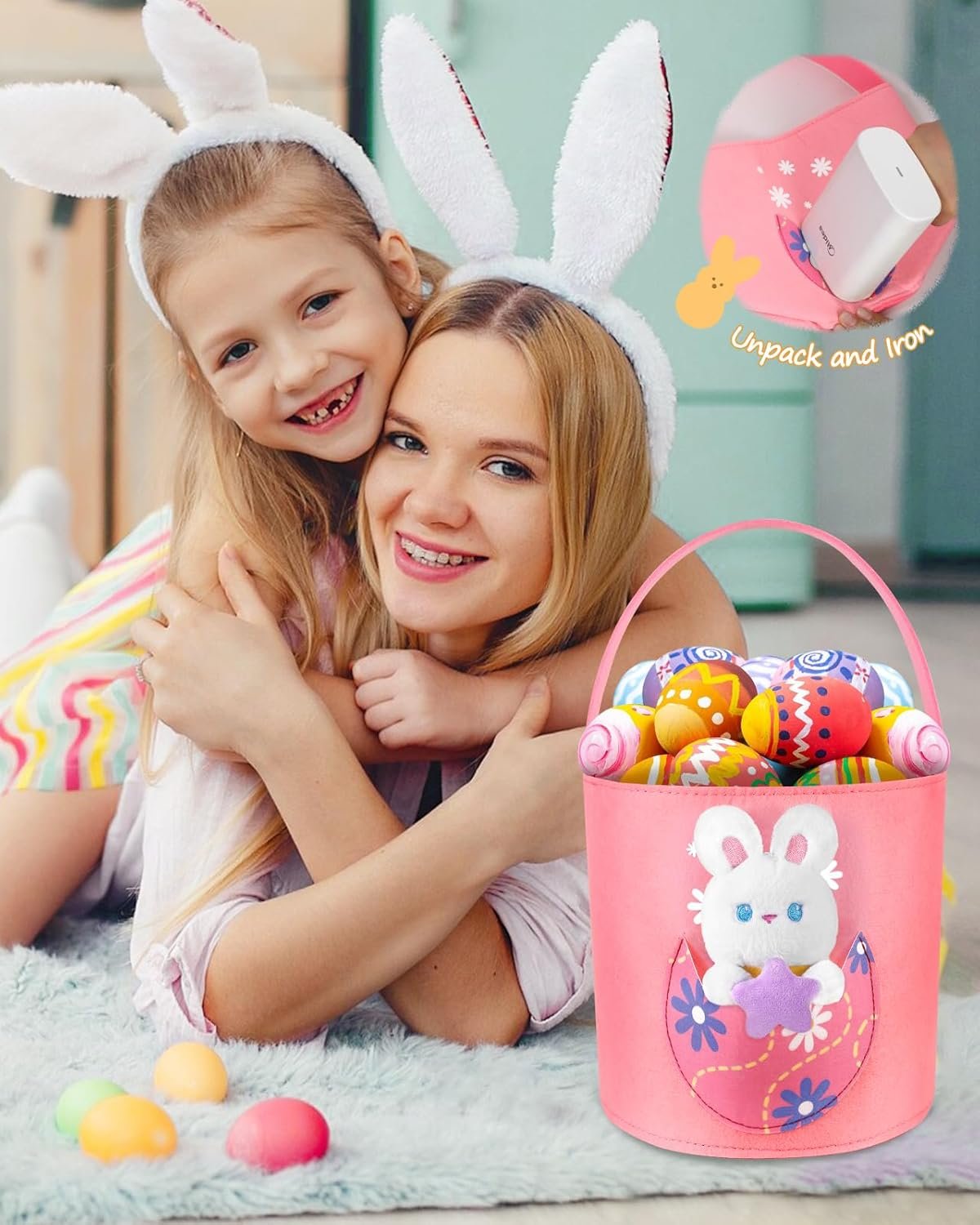 Swooflia Cute Bunny Easter Basket for Kids - Personalized Large Felt Bags Includes One Small Plush Doll My First Tote Bucket Name Tag Easter Egg Hunts, Gift for Girls Boys Toddler Baby - Image 4