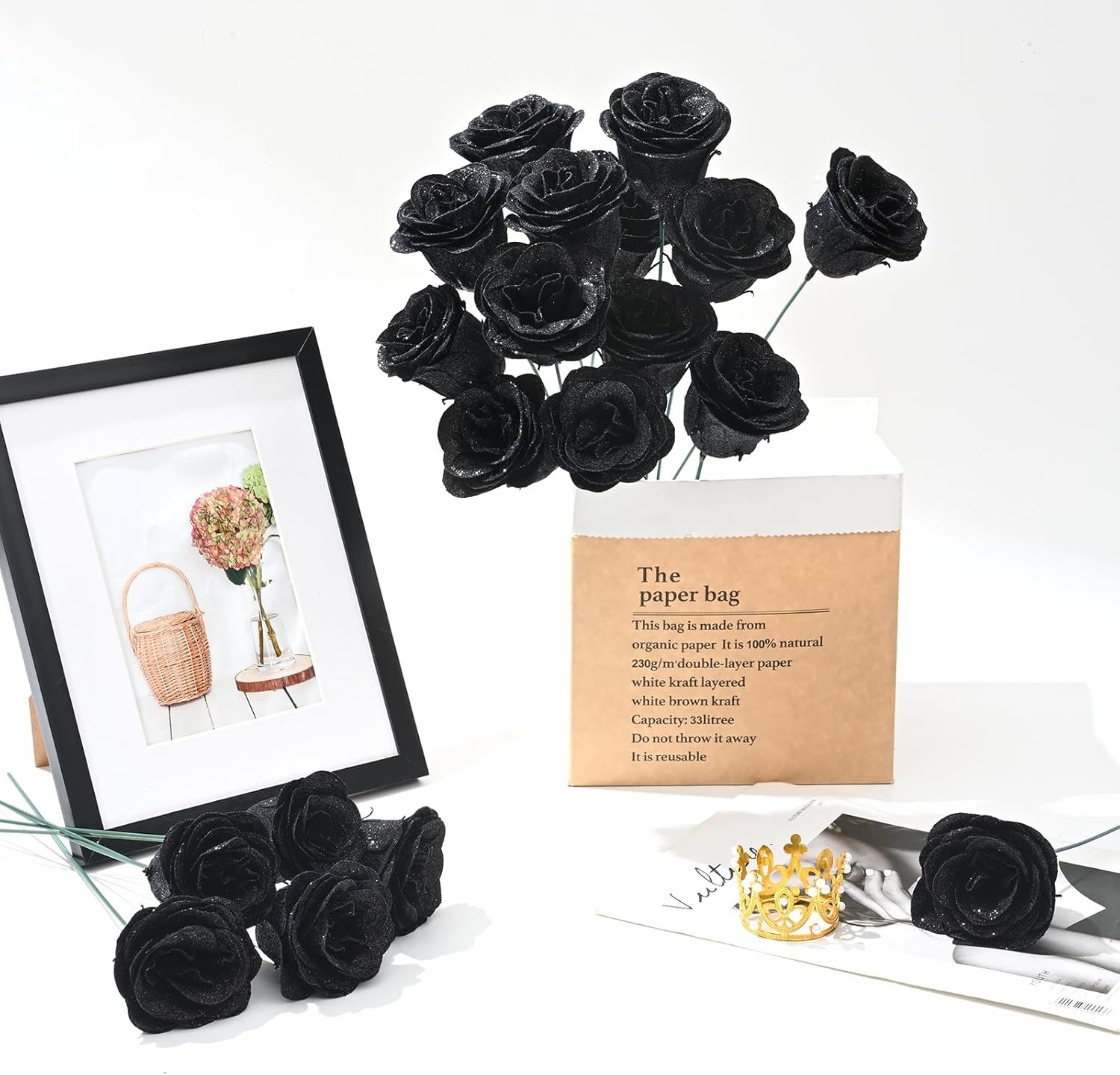Waipfaru Glitter Roses Bouquet, DIY Fake Flowers Bouquet, Birthday Gifts for Women Mom, 24 Pcs Black Rose for Grandma Wife Girlfriend Valentines, Mothers Day, Anniversary, Graduation - Image 9