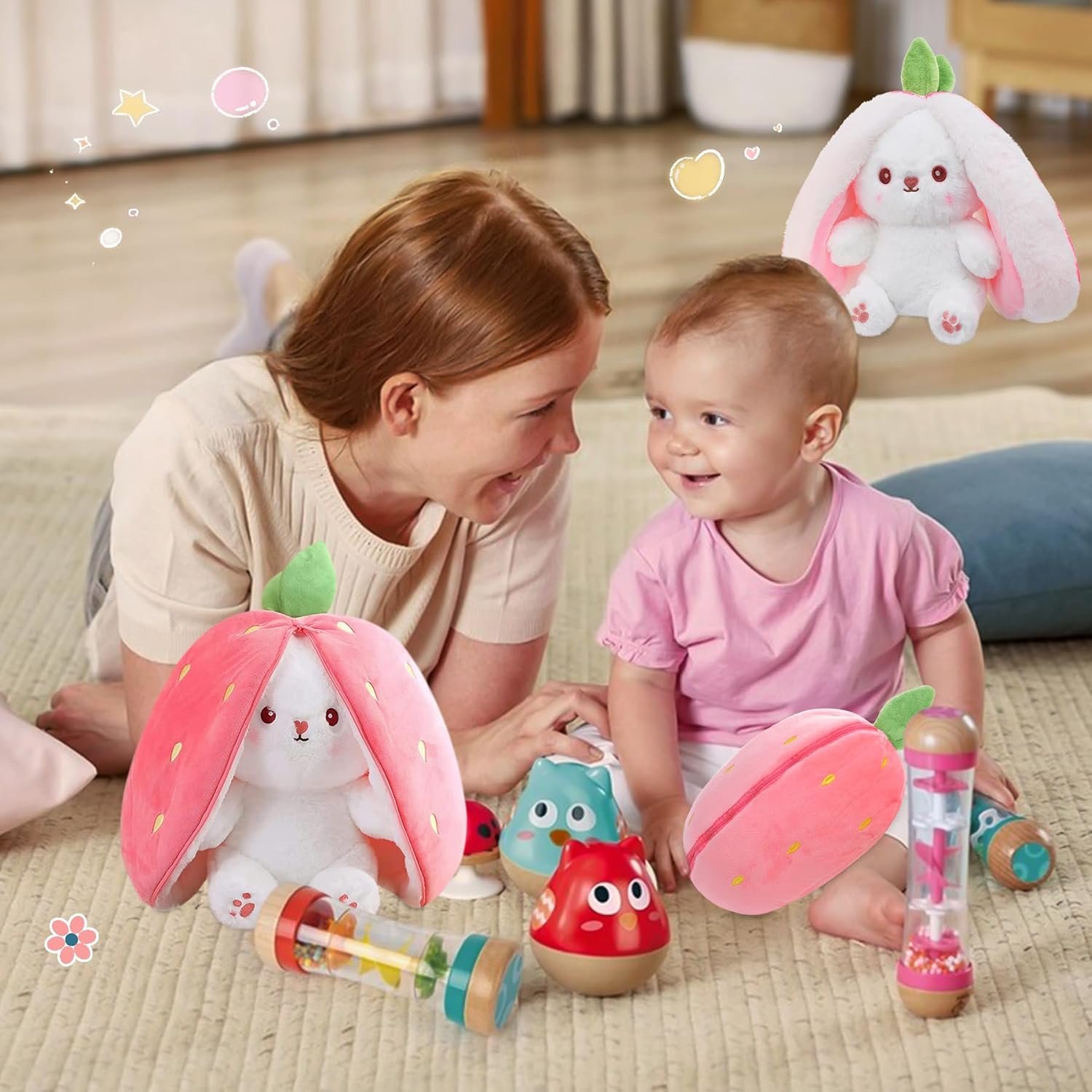 MIAODAM Easter Bunny Stuffed Animal, Carrot and Strawberry Bunny Plush Turn Into Rabbit Fruit Doll, Plushies Funny Bunny Toy for Baby (Strawberry Rabbit, 10inch) - Image 7