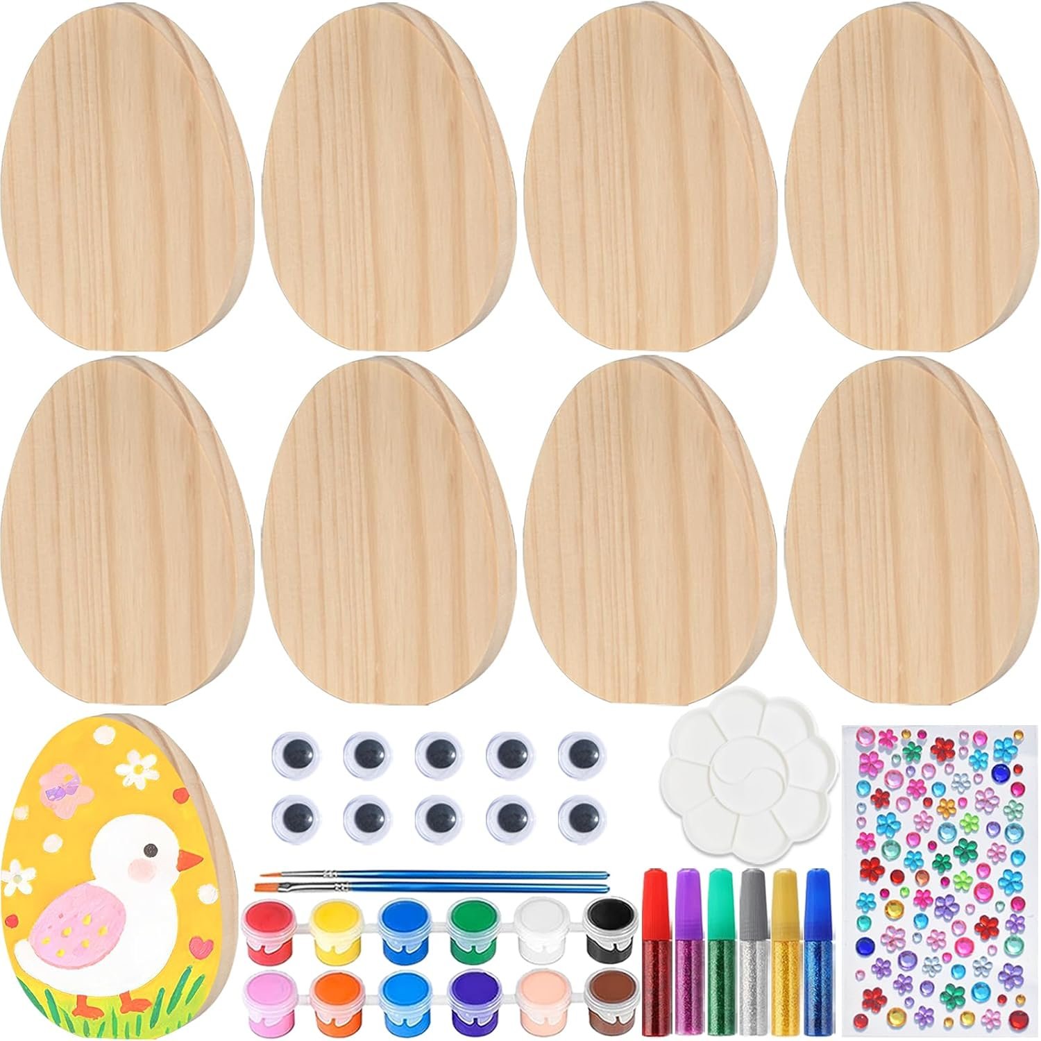 Golabarell Easter Egg Painting Kit, DIY Craft Kit with 9 Blank Wooden Eggs, Unfinished Standing Wood Ornaments to Paint for Adults Family, Spring Home Decor Table Centerpiece Easter Party Supplies