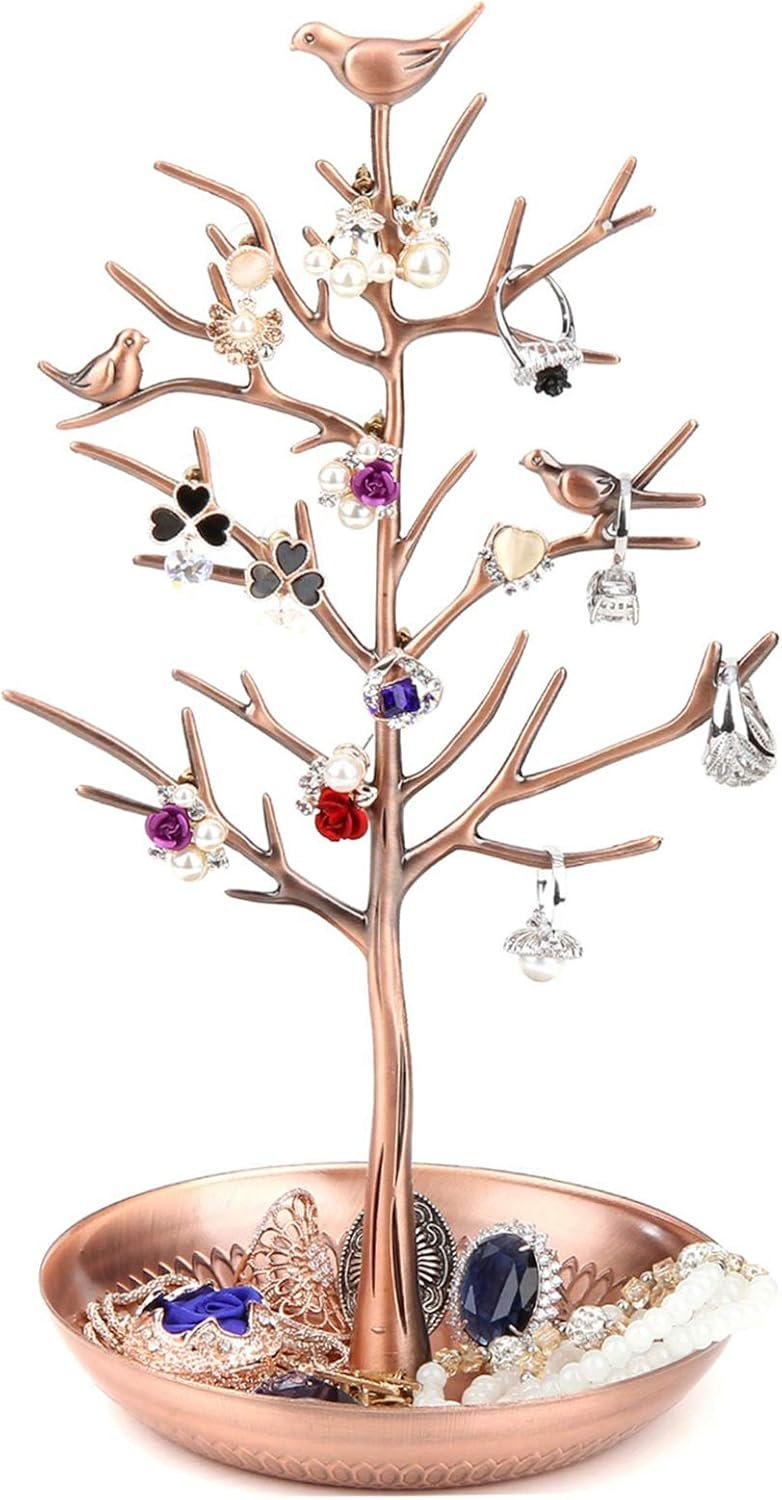 Jewelry Tree Necklace Earring Holder Modern Cute Bird Jewelry Stand for Women Girls Teen Bronze