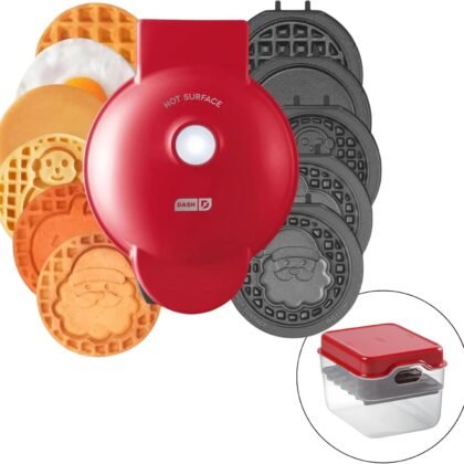 DASH Multimaker with 7 Removable Plates: Waffle Iron & Griddle + 3 Themed Plates - Santa Pumpkin Snowman - Mini Waffle for Halloween and Christmas Holidays - for Kids and Families (Red)