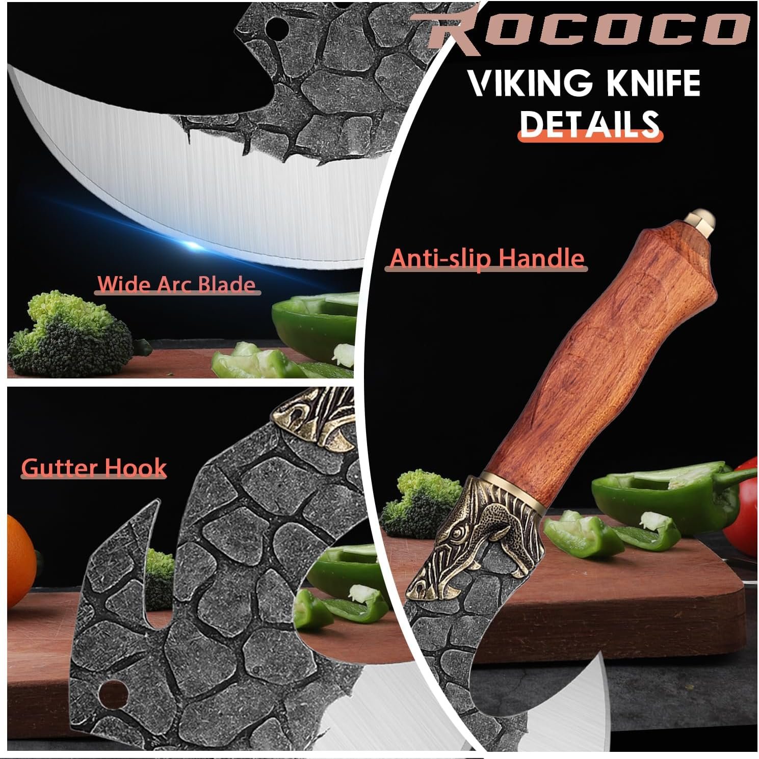 ROCOCO Viking Cleaver Knife Butcher Meat Cutting Boning Knife Hand Forged Chinese Kitchen Axe with Sheath Home Outdoor BBQ Camping Chirstmas Birthday Mother Father Gift Men - Image 4
