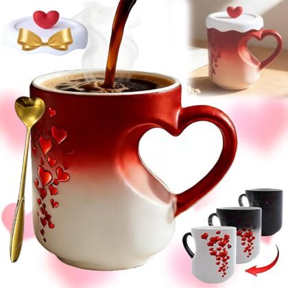 Heart-Shaped Color Changing Magic Ceramic Mug, Heat Sensitive Coffee Cup with Heart Handle, Reveals Surprise Design with Hot Drinks, Romantic Gift for Valentine's Day, Birthday, Mother's Day (Red)