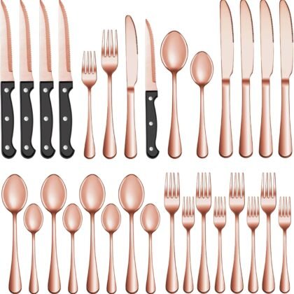 24 Pcs Rose Gold Silverware Set with Steak Knives Service for 4,Stainless Steel Flatware Set,Mirror Polished Cutlery Utensil Set, Kitchen Eating Tableware,Include Fork Knife Spoon Set,Dishwasher Safe