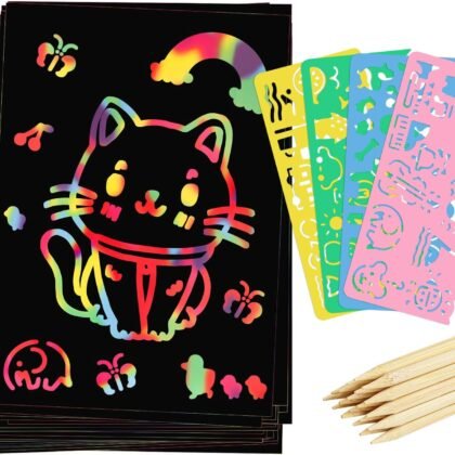 Prudiut 90 Pcs Scratch Art Paper Rainbow Sets, Scratch Paper Rainbow Black Scratch Off Art Gifts Art Craft Supplies Kits Classroom Easter Gifts for Kids