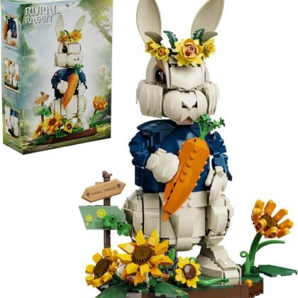 Easter Bunny Building Set with Carrot & Sunflower Base, 1258 PCS Bricks Blocks Rabbit Model Compatible with Lego Easter, Creative Easter Gift for Kids and Adults