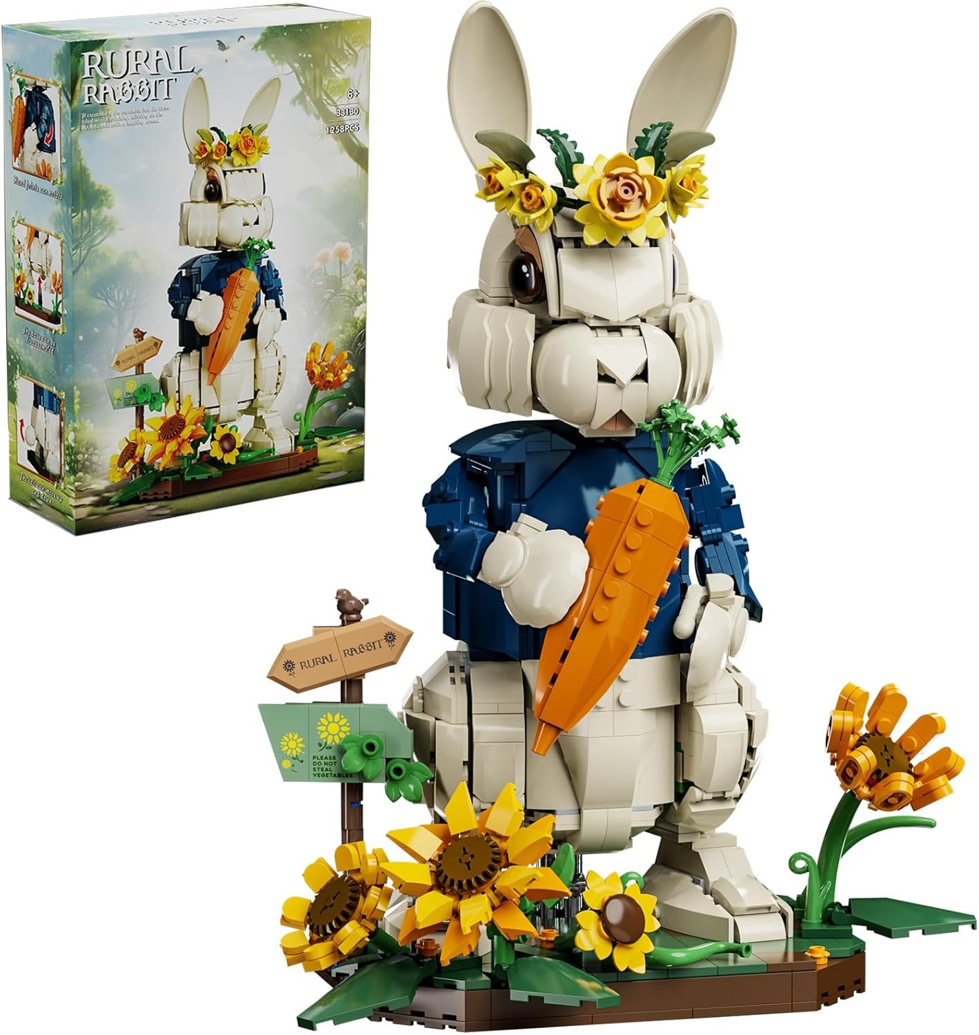 Easter Bunny Building Set with Carrot & Sunflower Base, 1258 PCS Bricks Blocks Rabbit Model Compatible with Lego Easter, Creative Easter Gift for Kids and Adults