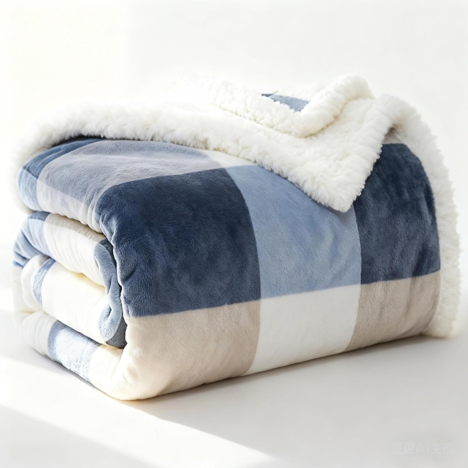 PU MEI Sherpa Throw Blanket for Couch Sofa 50“*60”-Fuzzy Soft Cozy Fleece Thick Warm Blanket for Winter, Soft Throws Plush Fluffy Lattice Flannel Blankets (Grey-Soft Blue) - Image 3