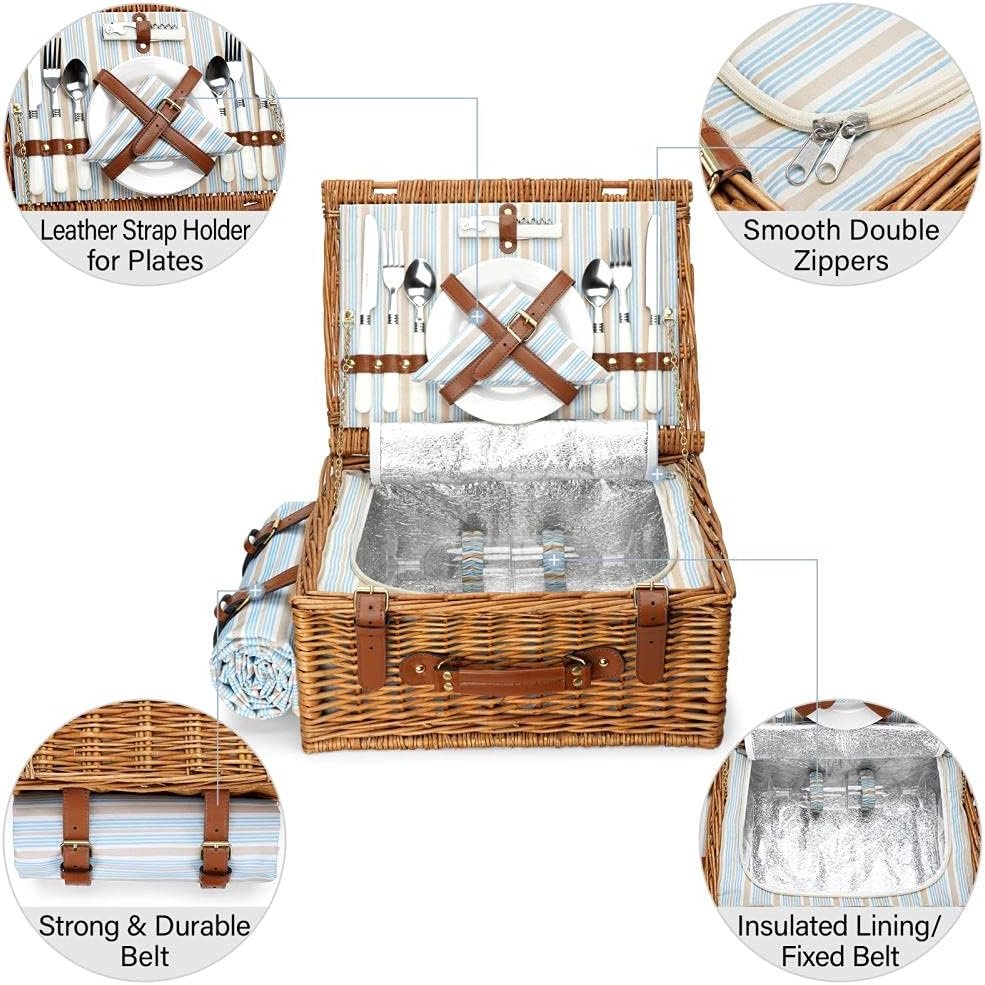 Picnic Basket Set for 2 Persons, Willow Hamper with Large Insulated Cooler Compartment, Waterproof Blanket and Cutlery Service Kit-Classical Brown - Image 7