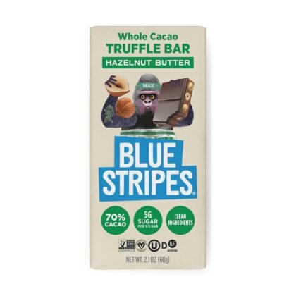 Blue Stripes - Hazelnut Butter Whole Cacao Truffle Chocolate Bars, 70% Cacao, Hazelnut Butter, Healthy Chocolate, Vegan, No Refined Sugar, Non GMO, Gluten Free, 2.1 OZ