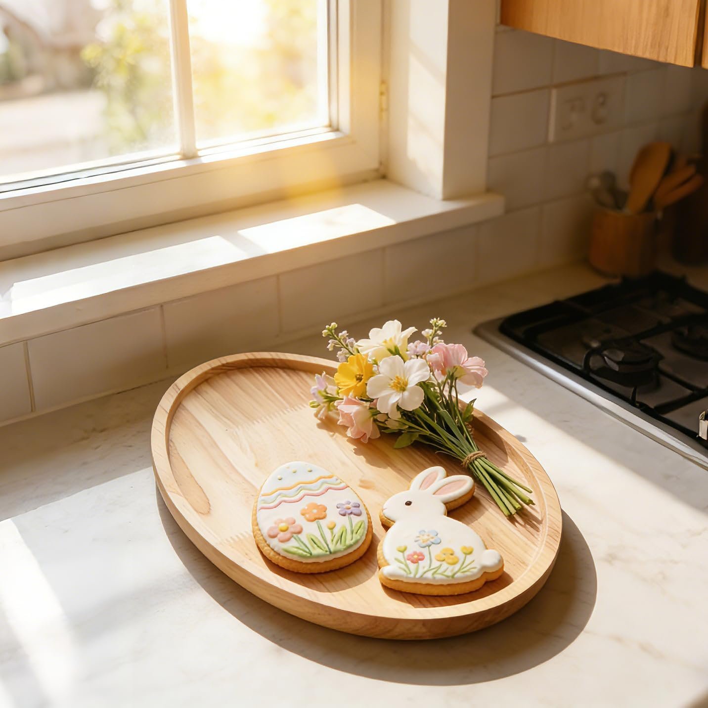 Easter Egg-Shaped Wood Serving Tray, Wooden Serving Platters, Charcuterie Board Snack Tray Decorative Candy Plate for Holiday Party Display - Image 6