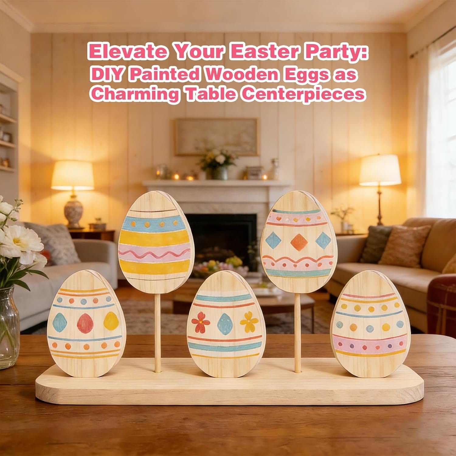 Golabarell Easter Egg Painting Kit, DIY Craft Kit with 9 Blank Wooden Eggs, Unfinished Standing Wood Ornaments to Paint for Adults Family, Spring Home Decor Table Centerpiece Easter Party Supplies - Image 6