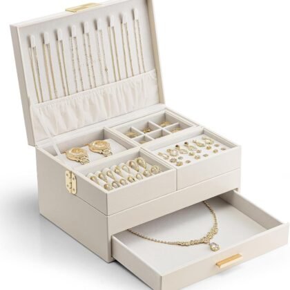Vlando 3 Layer Jewelry Box - Women Jewelry Box with Retractable Tray - Jewelry Organizers with Drawer for Necklaces, Rings, Bracelets, Earrings, Valentines Gift for Mom Girls - Cloud White
