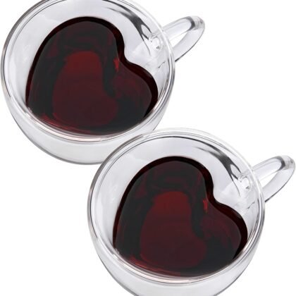 CNGLASS Double Wall Heart Shaped Glass Coffee Mugs 8.5oz,Insulated Clear Tea Cups with Handle,Unique Glass Espresso Mugs for Coffee,Cappuccino,Latte,Milk,Set of 2