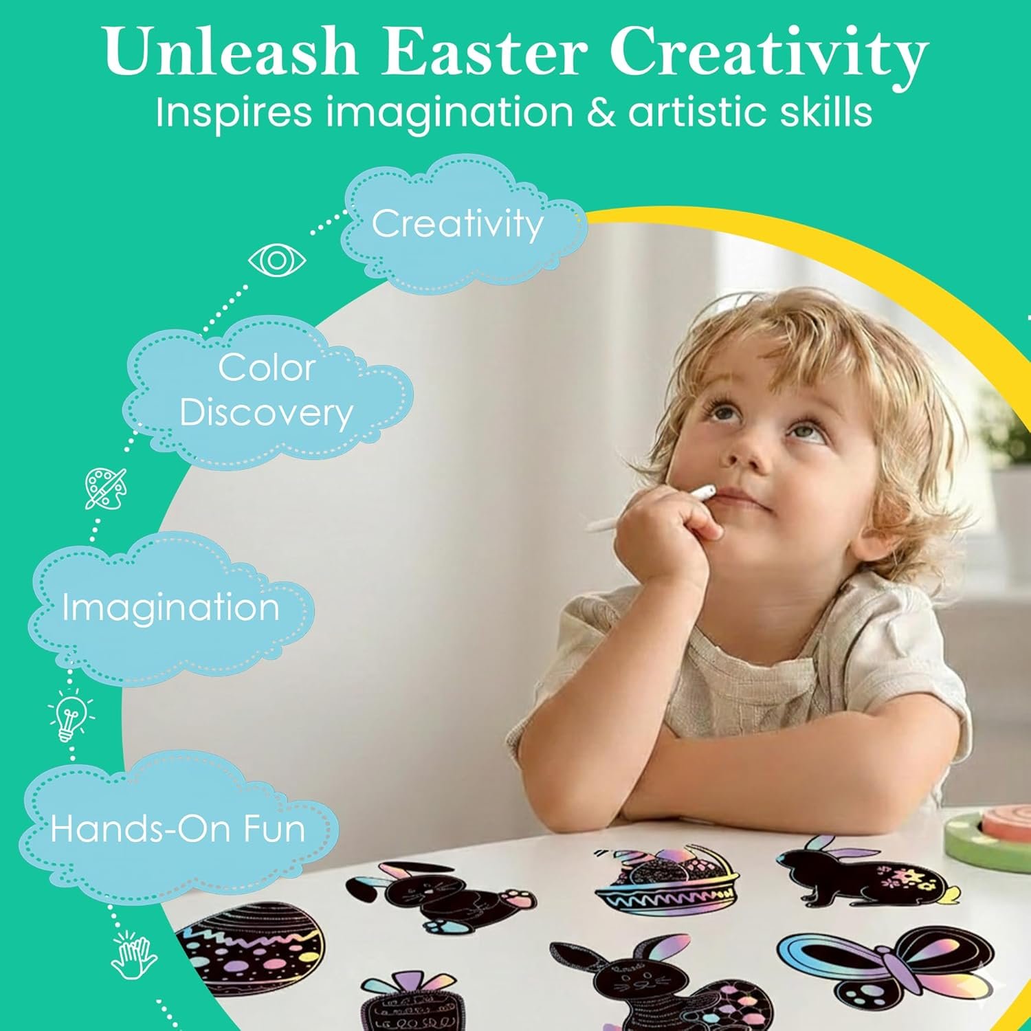 Iconikal 48-Count Easter Scratch Paper Ornaments, Art & Craft Bulk Pack with 24 Sticks Pastel Colored Underlayer - Image 5