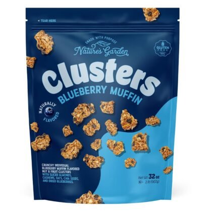 Nature’s Garden Blueberry Muffin Clusters, 32oz Pouch – Big Chunky Nut & Oat Bites with Cashews, Almonds, Chia & Real Blueberries – Gluten-Free and Kosher Snacks for Adults & Kids