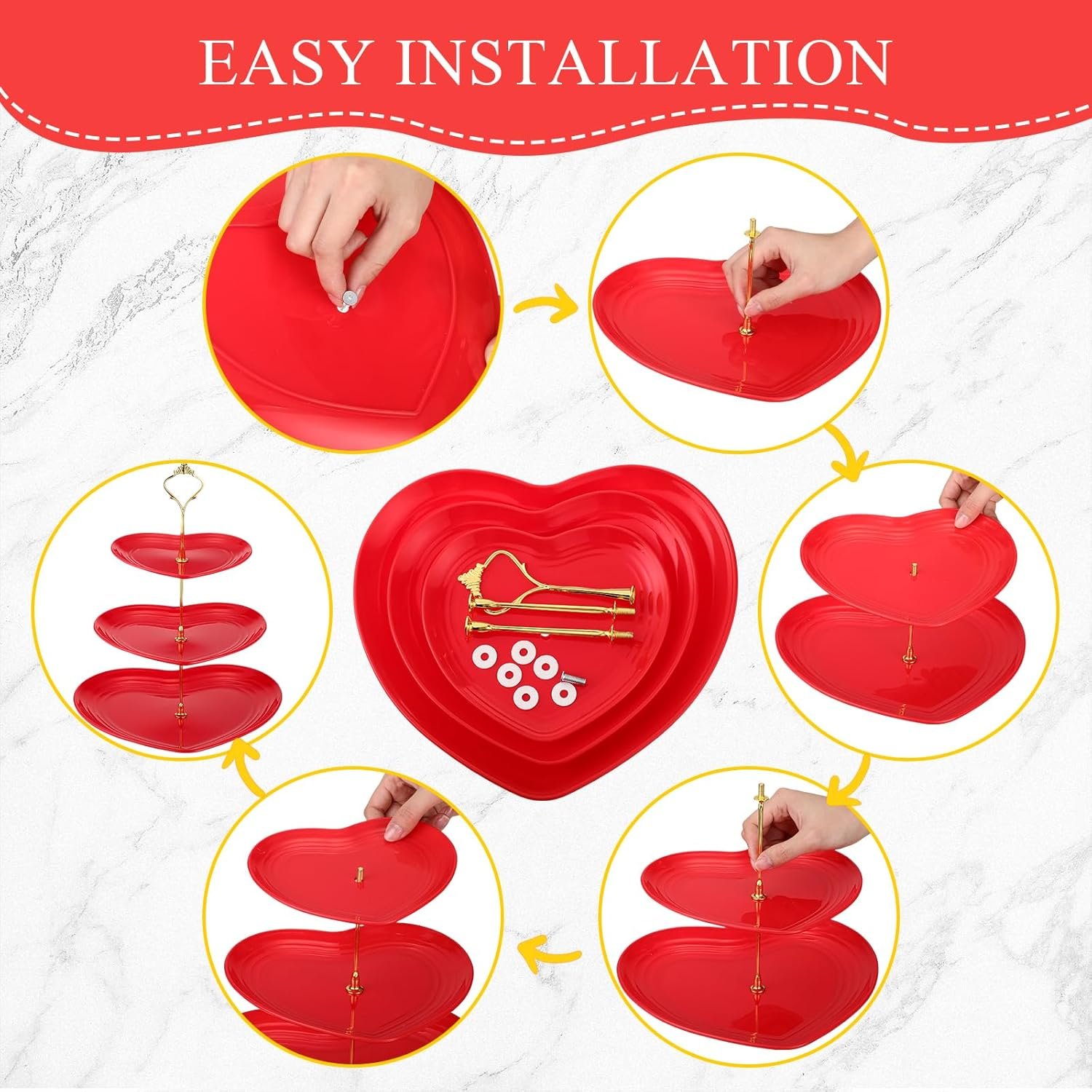 Layhit 4 Pack Valentine‘s Day 3 Tier Cupcake Stand Heart Shaped Serving Trays for Party Plastic Dessert Cupcake Stand for Tea Party Baby Shower Wedding(Red) - Image 4
