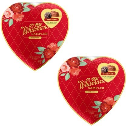 Whitman's Sampler Valentine's Day Heart Shaped Box - Red Floral Heart - Pack of 2 - Delicious Classic Treats - 11 Pieces Per Box - Start a Tasty Tradition