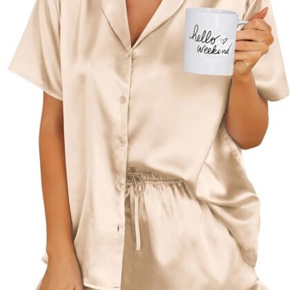 Ekouaer Womens Satin Pajamas Set Button Down 2 Piece Silk Pjs Shorts Set Ruffle Lingerie Notch Collar Sleepwear