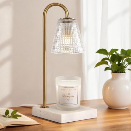 Hong-in Modern Gold and Marble Candle Warmer Lamp with Textured Glass Shade, Elegant Candle Lamp for Bedroom Living Room Kitchen, Luxury Home Decor Accent Lamp,Birthday Gift for Women