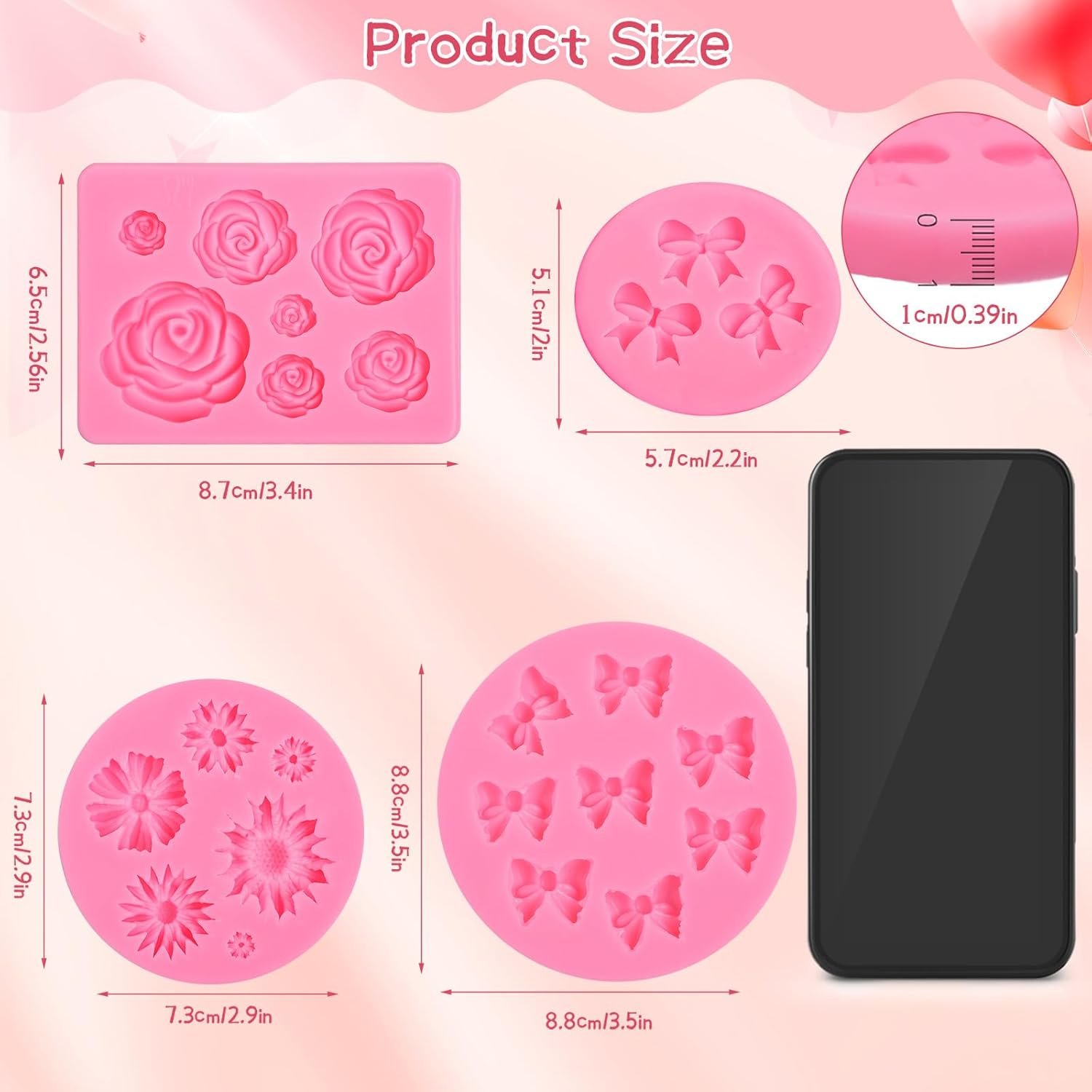 Pimoys 4 Pcs Flower&Bow Molds for Chocolate, Flower Chocolate Molds Silicone Cake Mold Bow Candy Mold Silicone for Wax Melts Birthday Cake Decoration Easter Gifts for Women - Image 2