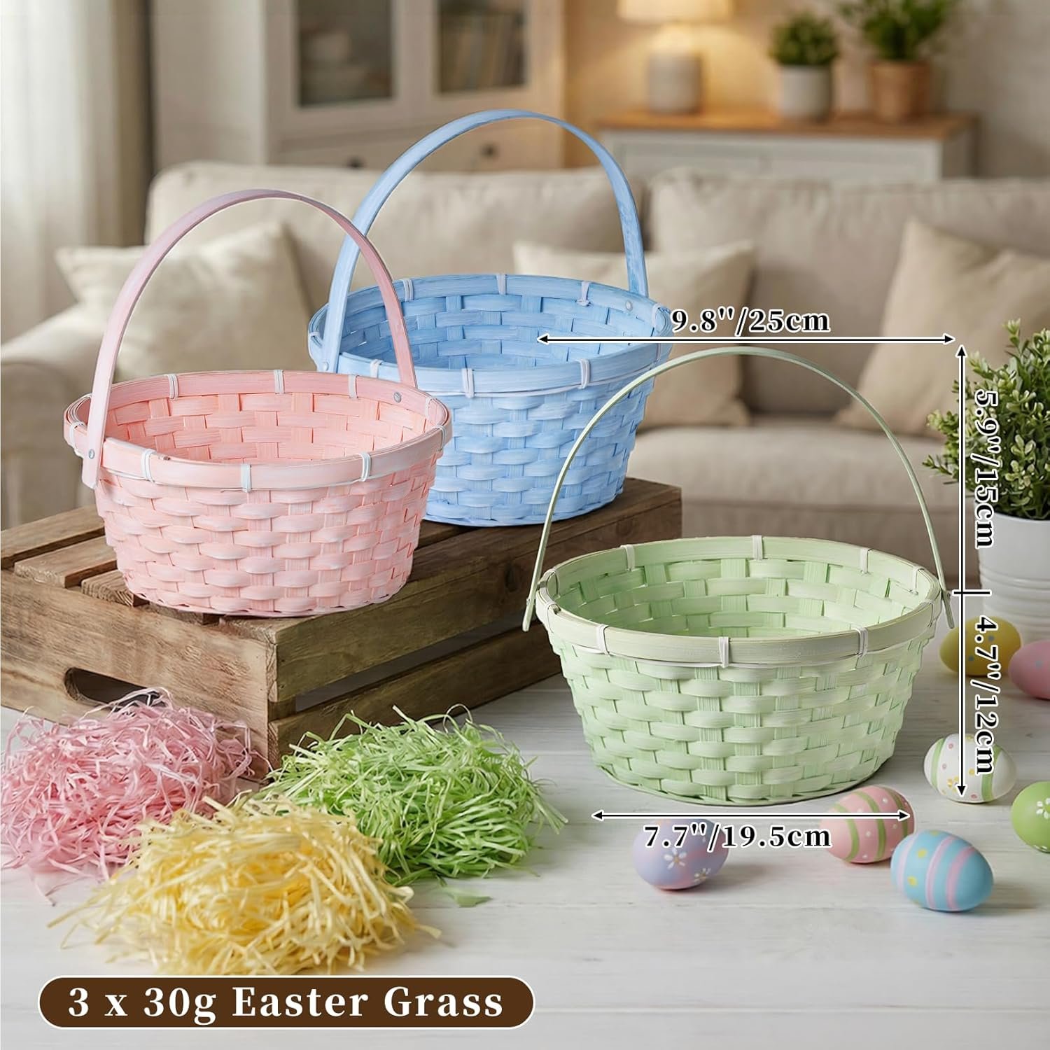 Lanpn Easter Baskets 3 Pcs Natural Bamboo Set with Easter Grass Fillers for Easter Egg Hunt Candy Picnic and Pastel Spring Decoration Woven Basket (Pink Blue Green) - Image 2