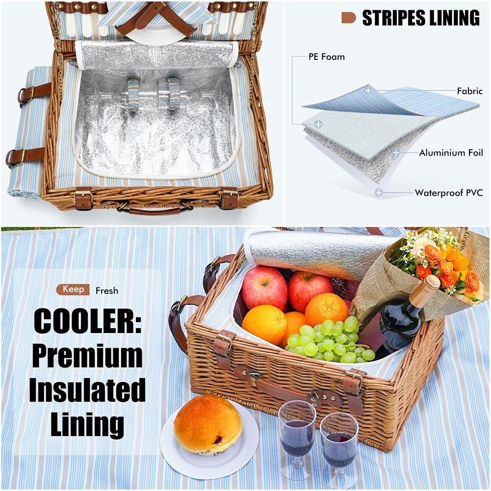 Picnic Basket Set for 2 Persons, Willow Hamper with Large Insulated Cooler Compartment, Waterproof Blanket and Cutlery Service Kit-Classical Brown - Image 5