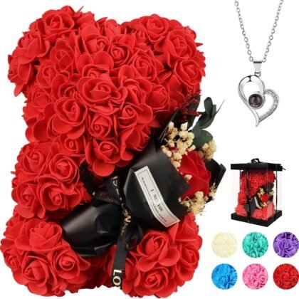 Valentines Day Gifts for Her Rose Bear for Women, Artificial Rose Teddy Bear Birthday Bouquet, Mother's Day Rose Gift, Perfect for Wife, Mom, Grandma (Rose Red)