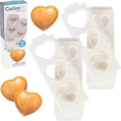 Jumbo 3" Heart Ravioli Molds 2 PK- Homemade Filled Pasta Maker- 2 pc Tray & Press makes 3 Large XL Italian Raviolis, Easy to Use Clean- Add Love to Italian Dinner- Cute Housewarming Gift, Date Night