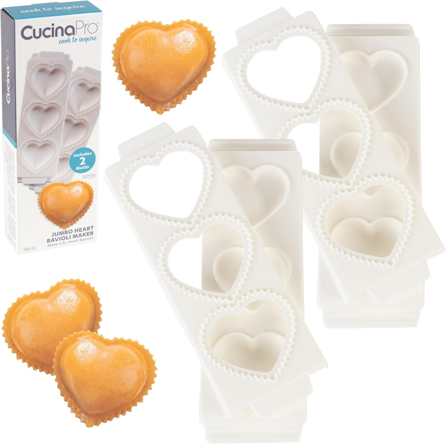 Jumbo 3" Heart Ravioli Molds 2 PK- Homemade Filled Pasta Maker- 2 pc Tray & Press makes 3 Large XL Italian Raviolis, Easy to Use Clean- Add Love to Italian Dinner- Cute Housewarming Gift, Date Night