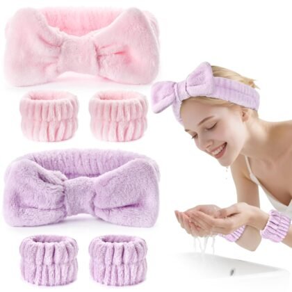 6Pack Headband and Wristband Set for Washing Face, Spa Skincare Makeup Headband, Soft Puffy Hair Band Bow Tie, for Women and Teen Girl Trendy Stuff Gifts