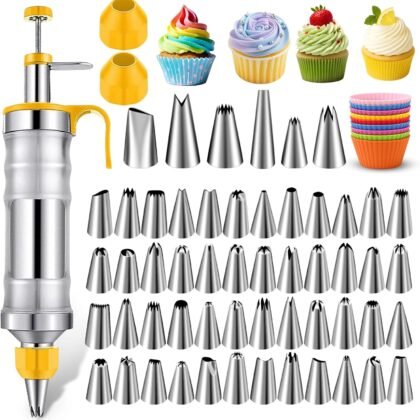 NOVANO Dessert Decorating Syringe Set, Frosting Piping Kit Stainless Steels Cake Decorating Kit with 54 Piping Tips & 9 silicone cupcakes, Cupcake Decorating Kit Piping Bags and Tips Set (Yellow)