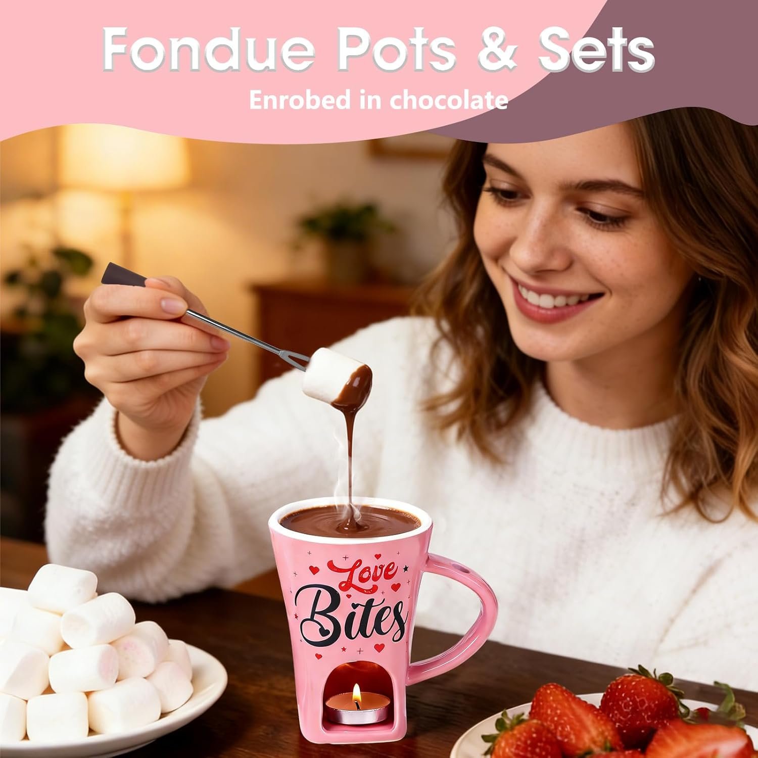 Chocolate Fondue Gift Set - Ceramic Mug with Fork & 2 Tealights for Melting Chocolate, Cheese, Candy | Valentine‘s, Birthday Present, Anniversary Gift for Date Night (Pink) - Image 2