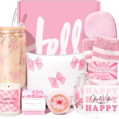Gift Baskets for Women, 9pcs Birthday Gifts for Teenage Girls, Best Christmas Ideas Box w/Coquette Bow Aesthetic Cup Trendy Stuff for Her Teen Girl Sister Friend Friendship Sweet 16th 18th 21st Bday
