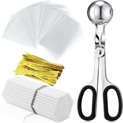 Yinkin Cake Pop Mold Sticks and Wrappers Cake Pop Kit Set Include 100 Parcel Bags 100 Papery Treat Sticks Metallic Twist Ties Scooper Ball Maker Lollipop Tools for Candy Chocolates and Cookies(Black)