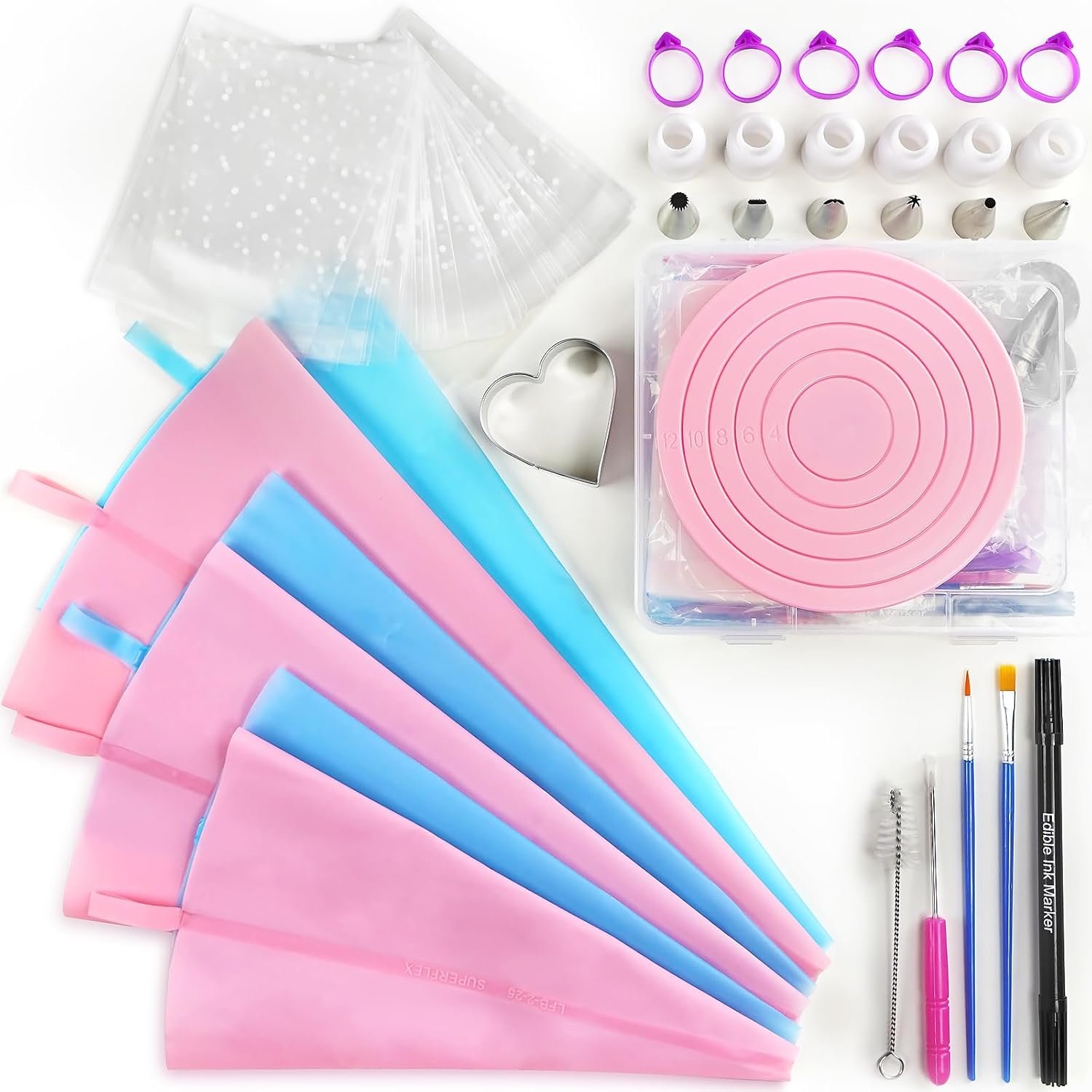 Cookie Decorating Supplies Kit 82Pcs With Storage Box, Sugar Cookies Turntable Set With 6 Piping Tips and Bags, Scribe Needle, Brush, Ideal Beginner Decorator Lover Kids Gift Valentine Halloween