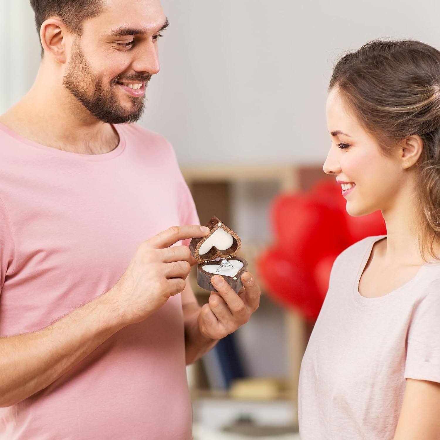 LETURE Wooden Heart Shape Ring Gift Box with Single Slot 2 Slot, Personalized Vintage Wood Jewelry Box for Proposal Engagement Wedding Ceremony Anniversary (White-1 Slot) - Image 2