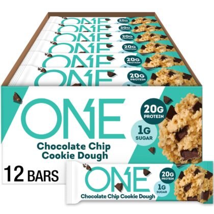 ONE Protein Bars, Chocolate Chip Cookie Dough, Gluten Free with 20g Protein and 1g Sugar, Pantry Staples, 2.12 oz (12 Count)