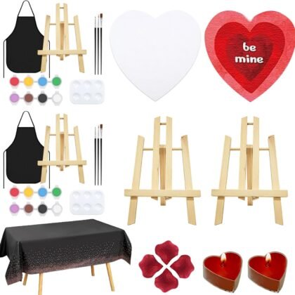 Nuberlic Galentines Paint and Sip Kit for Adults Date Night 2 Pack 8" Canvas Boards for Valentines Day Gift DIY Painting to do with Girlfriend Heart Shaped Kits