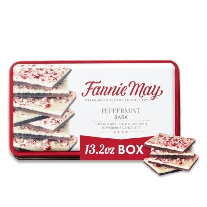 Fannie May Premium Rich Chocolate Peppermint Bark Holiday Gift Tin, Gourmet Christmas Chocolate Gift, 13.2 oz
