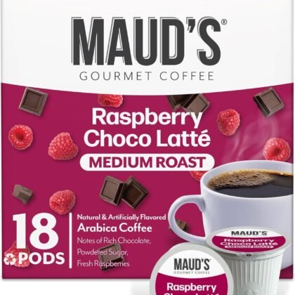 Maud's Raspberry Chocolate Flavored Coffee Pods, 18 ct, Medium Roast Flavored Coffee in Single Serve Pods – 100% Arabica Beans, Compatible with Keurig K Cups Maker