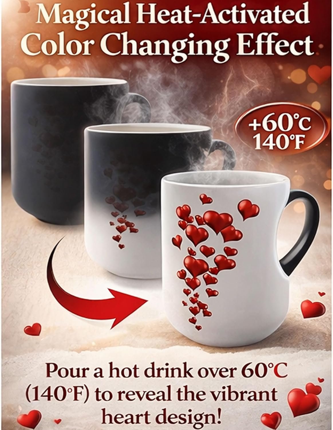 Heart-Shaped Color Changing Magic Ceramic Mug - 11oz Magic Heart Shape Changing Mugs with Dual-Side Heart Print, Romantic Heart Coffee Mug with Spoon, Romantic Surprise Gift (1PCS) - Image 2