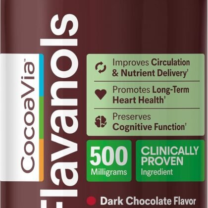CocoaVia Cocoa Flavanols 500mg – Heart and Brain Support, High Flavanol Cocoa Extract, Boosts Nitric Oxide, Blood Circulation and Memory, Preworkout, Vegan, Gluten-Free, Dark Chocolate, 30-Day