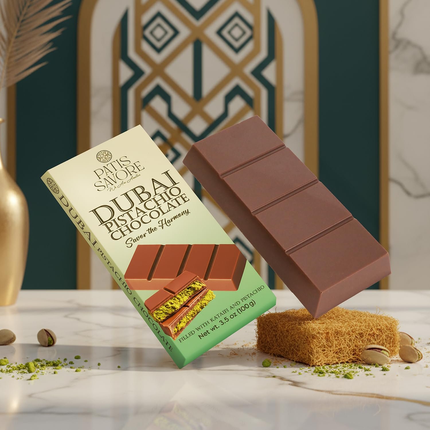 Patis Savore Dubai Chocolate Bar Pistachio - 3.5 oz Dessert with Pistachio Cream & Kataifi Filling | Gourmet Chocolate | Elegant Gift - Image 8