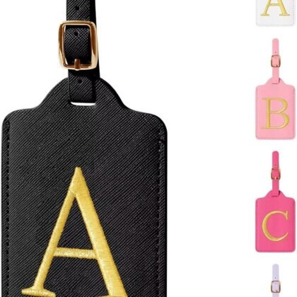 Personalized Initial Luggage Tags for Suitcases,Leather Letter Cute Luggage Tags with Privacy Name Card,Embroidered Monogrammed Travel Bag Backpack Tags Gifts for Women Kids Girls Teens(Black-A)