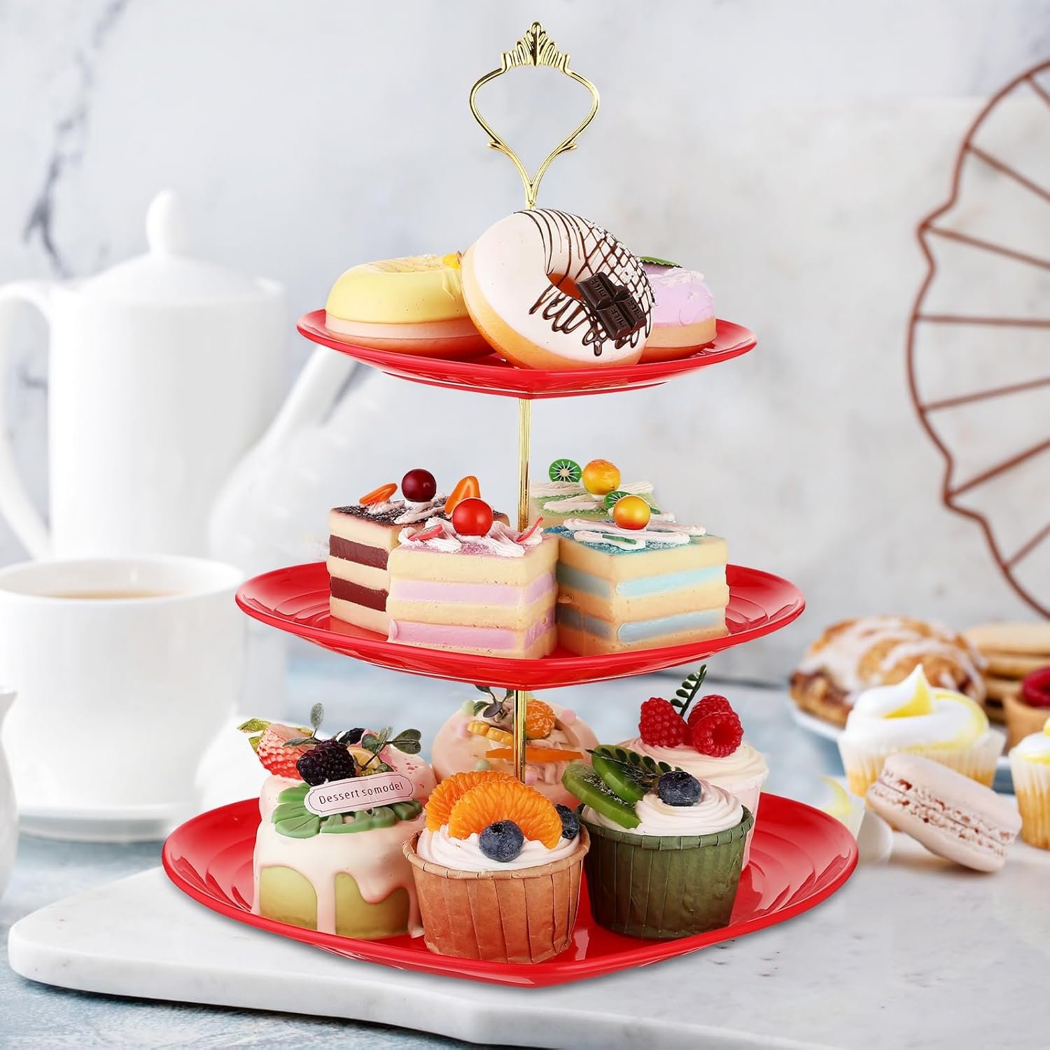 Layhit 4 Pack Valentine‘s Day 3 Tier Cupcake Stand Heart Shaped Serving Trays for Party Plastic Dessert Cupcake Stand for Tea Party Baby Shower Wedding(Red) - Image 7