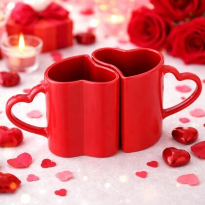 Domensi 2 Pcs Valentines Heart Shaped Mugs Red Heart Coffee Cup 11.8 oz Valentine‘S Day Ceramic Mug with Handle Love Tea Cup Gift for Romantic Valentines Wedding Anniversary Couple Lover Decoration