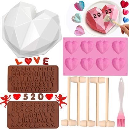 10pcs Valentines Heart Silicone Molds, Large Breakable Heart Mold for Chocolate with Hammer, 8 Cavity Diamond Hear t Shaped Silicone Molds for Valentines Candy Making