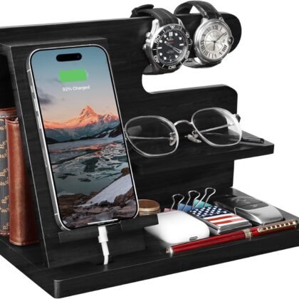 TARANTO Gifts for Him Wooden Phone Docking Station & Organizer - Nightstand Cell Phone Stand, Watch & Wallet Holder - Desk Organizer for Dad or Husband (Black)